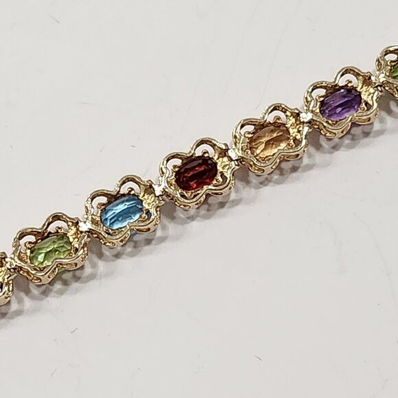 14K Solid Yellow Gold Multicolored Stone Flower Design Bracelet 7" - Picture 6 of 9